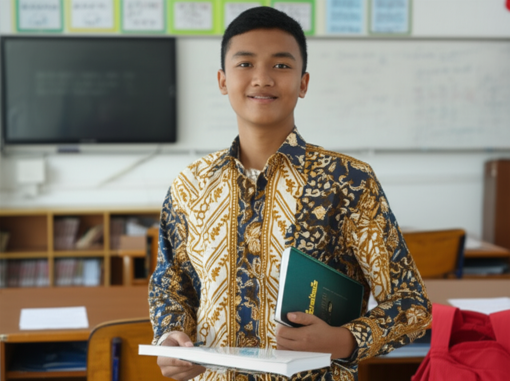 Siswa membawa buku di ruang kelas